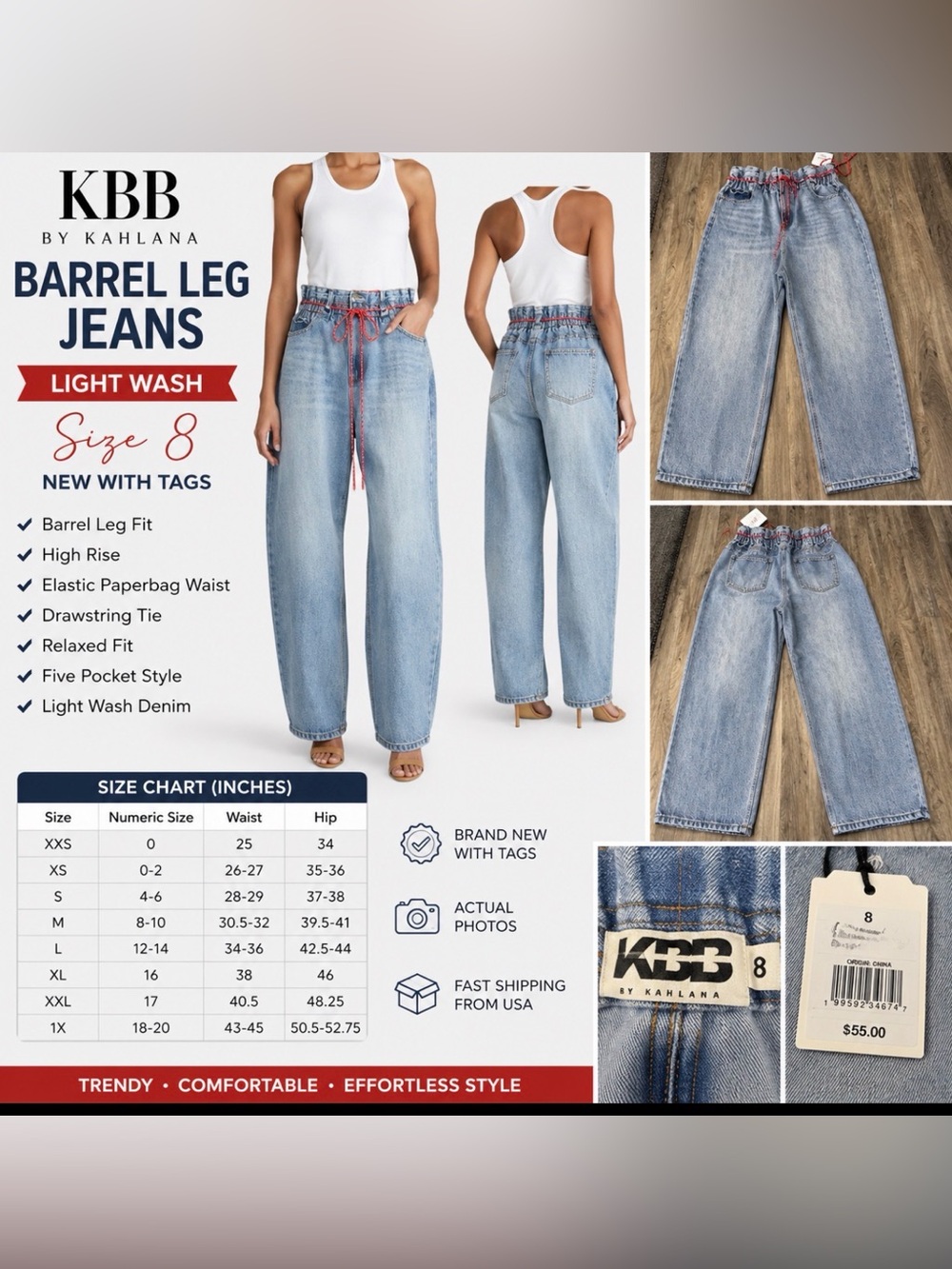 NWT KBB by Kahlana Light Wash Paperbag Barrel Leg Jeans Size 8